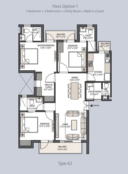 3 BHK floor plan variation 2