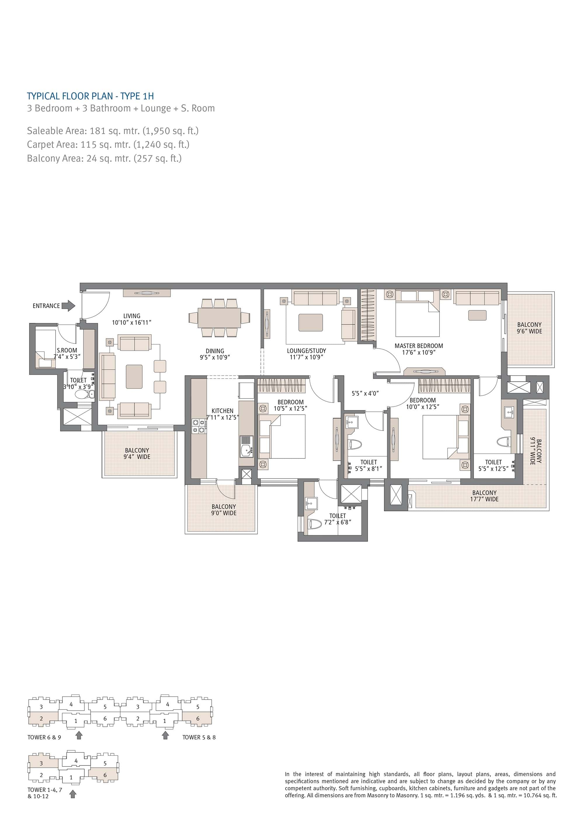 3 BHK floor plan variation 3