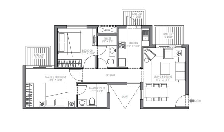 2 BHK floor plan variation 1