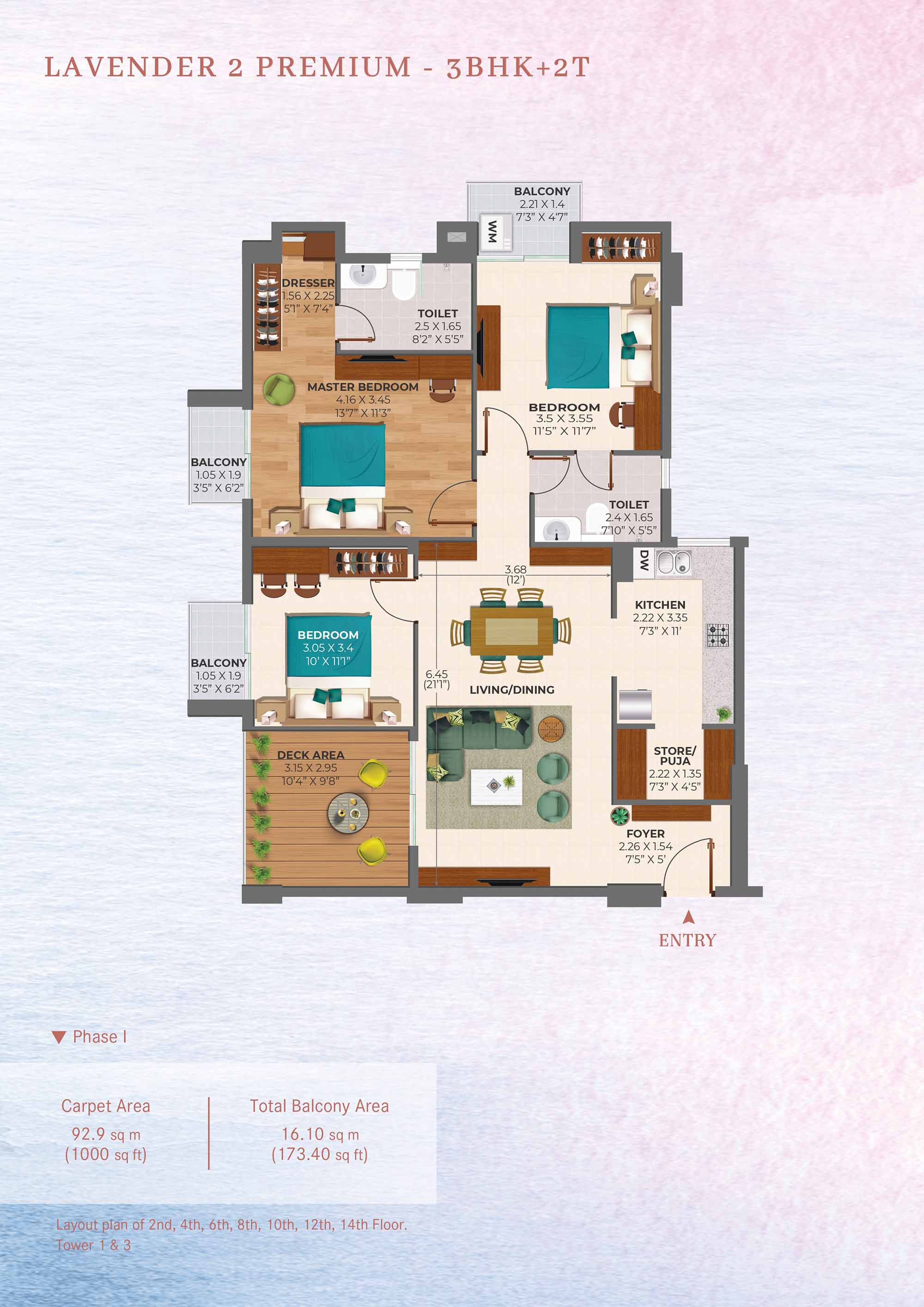 3 BHK floor plan variation 1