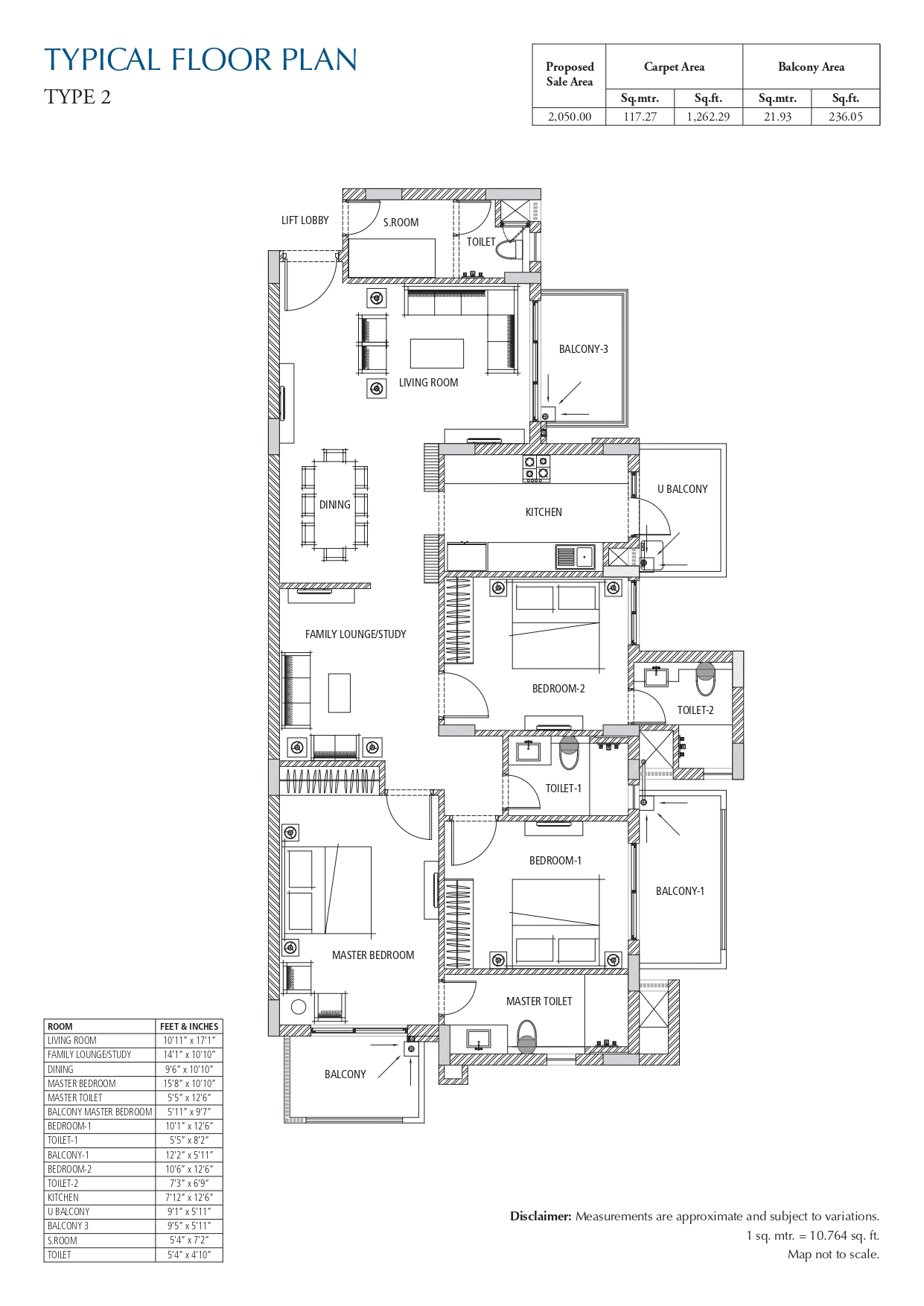 3 BHK floor plan variation 2