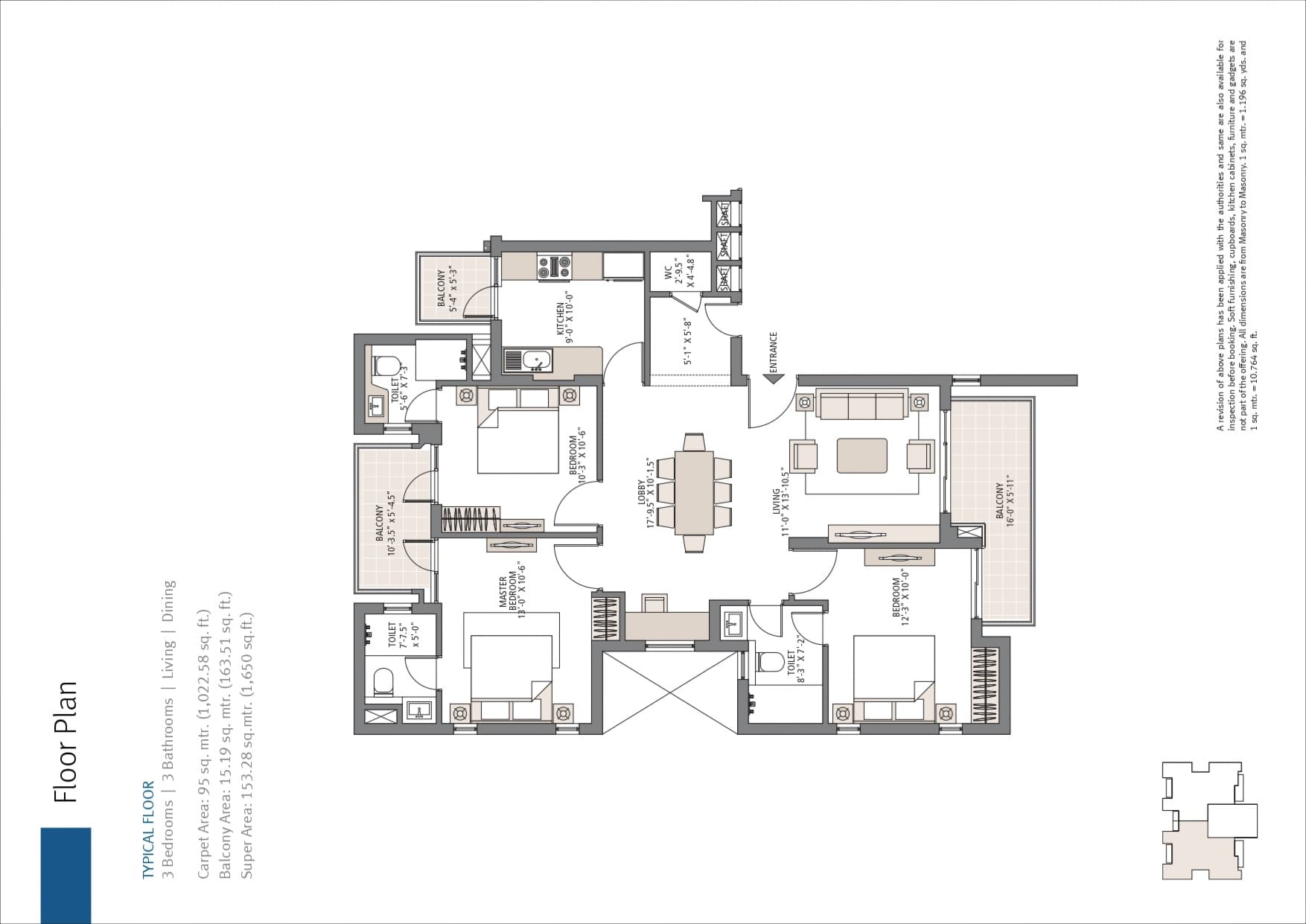 3 BHK floor plan variation 1