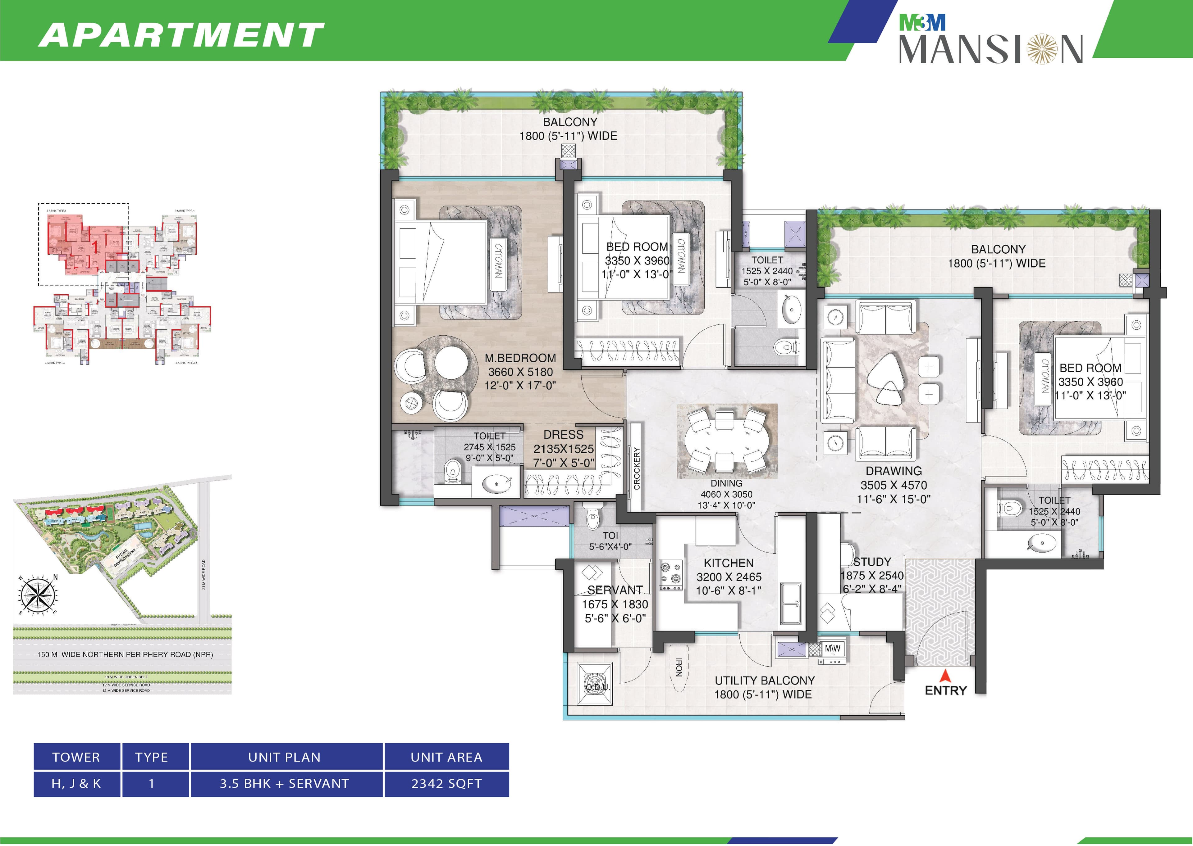 3 BHK floor plan variation 3
