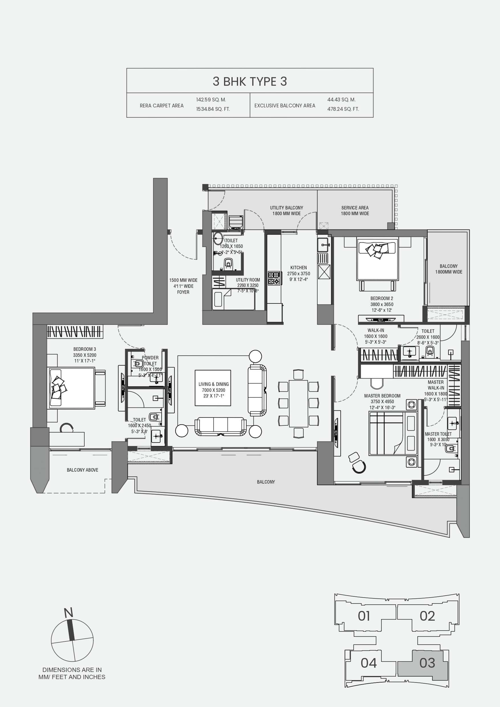 3 BHK floor plan variation 1