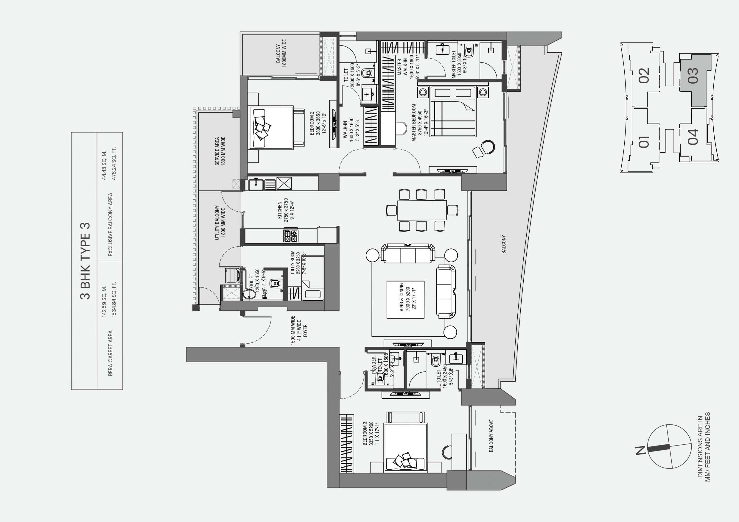 3 BHK floor plan variation 2
