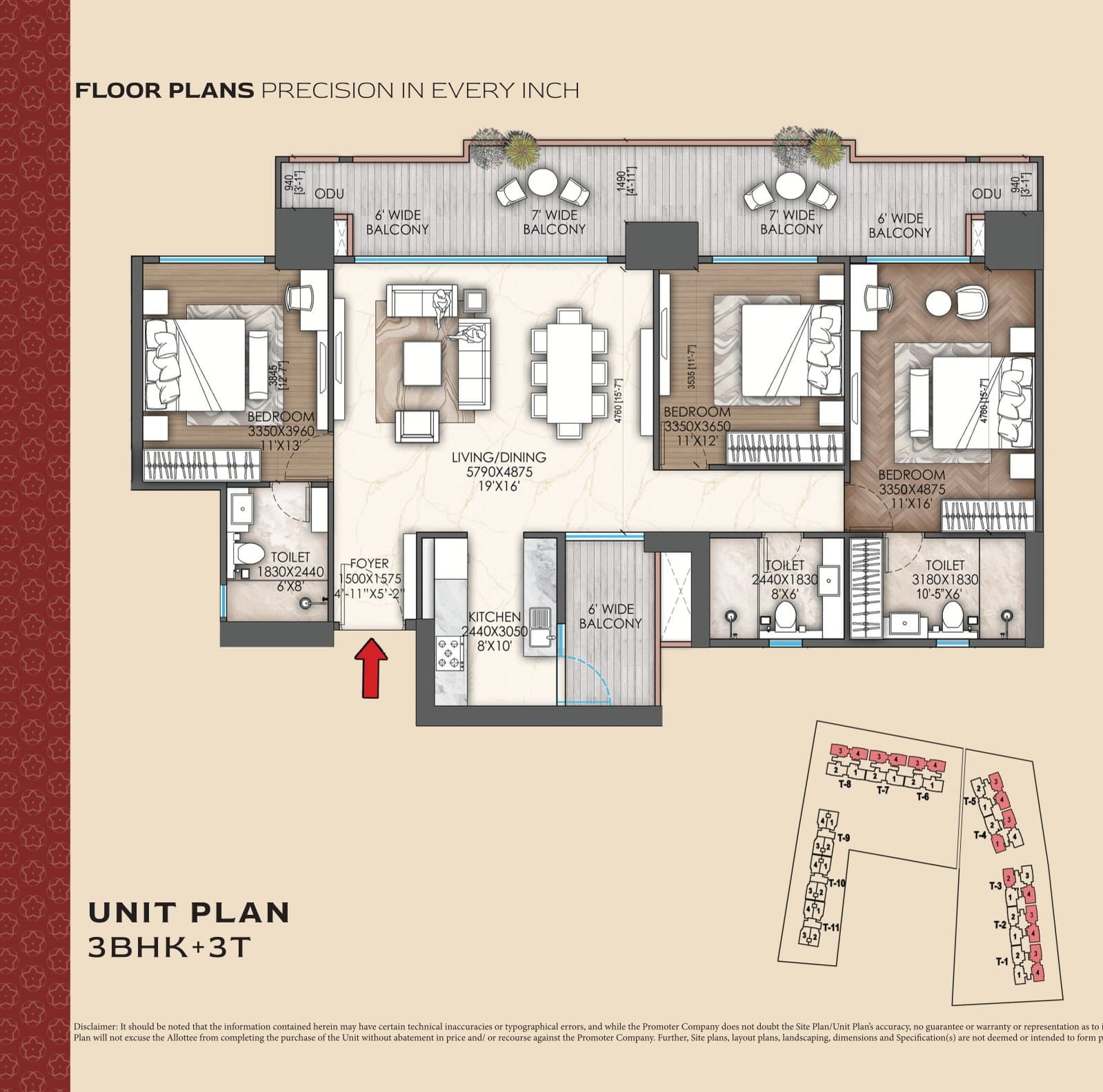 3 BHK floor plan variation 3
