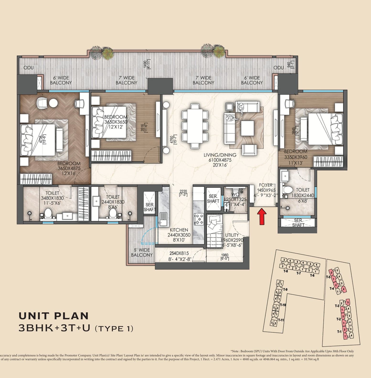 3 BHK floor plan variation 4