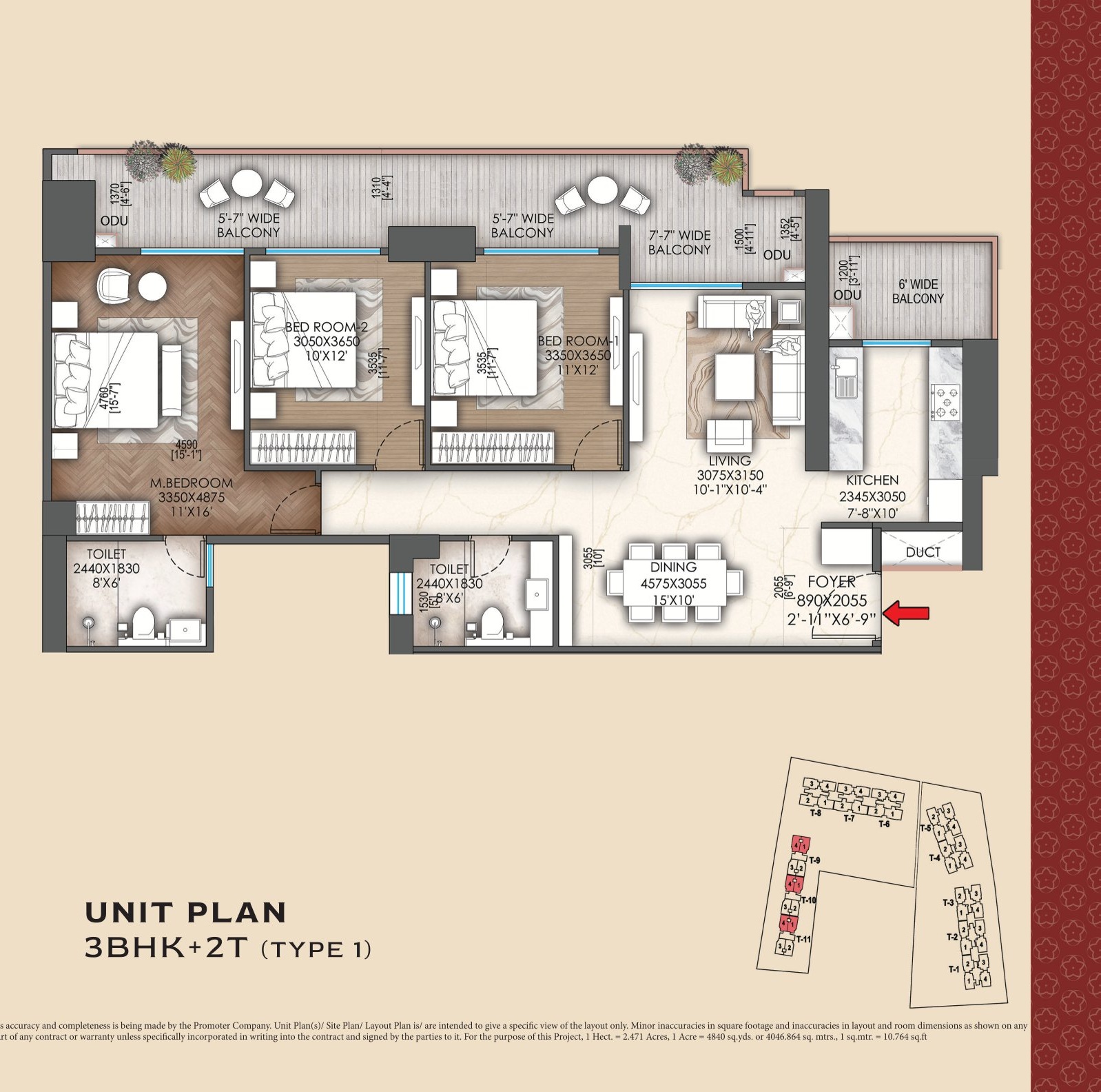 3 BHK floor plan variation 1
