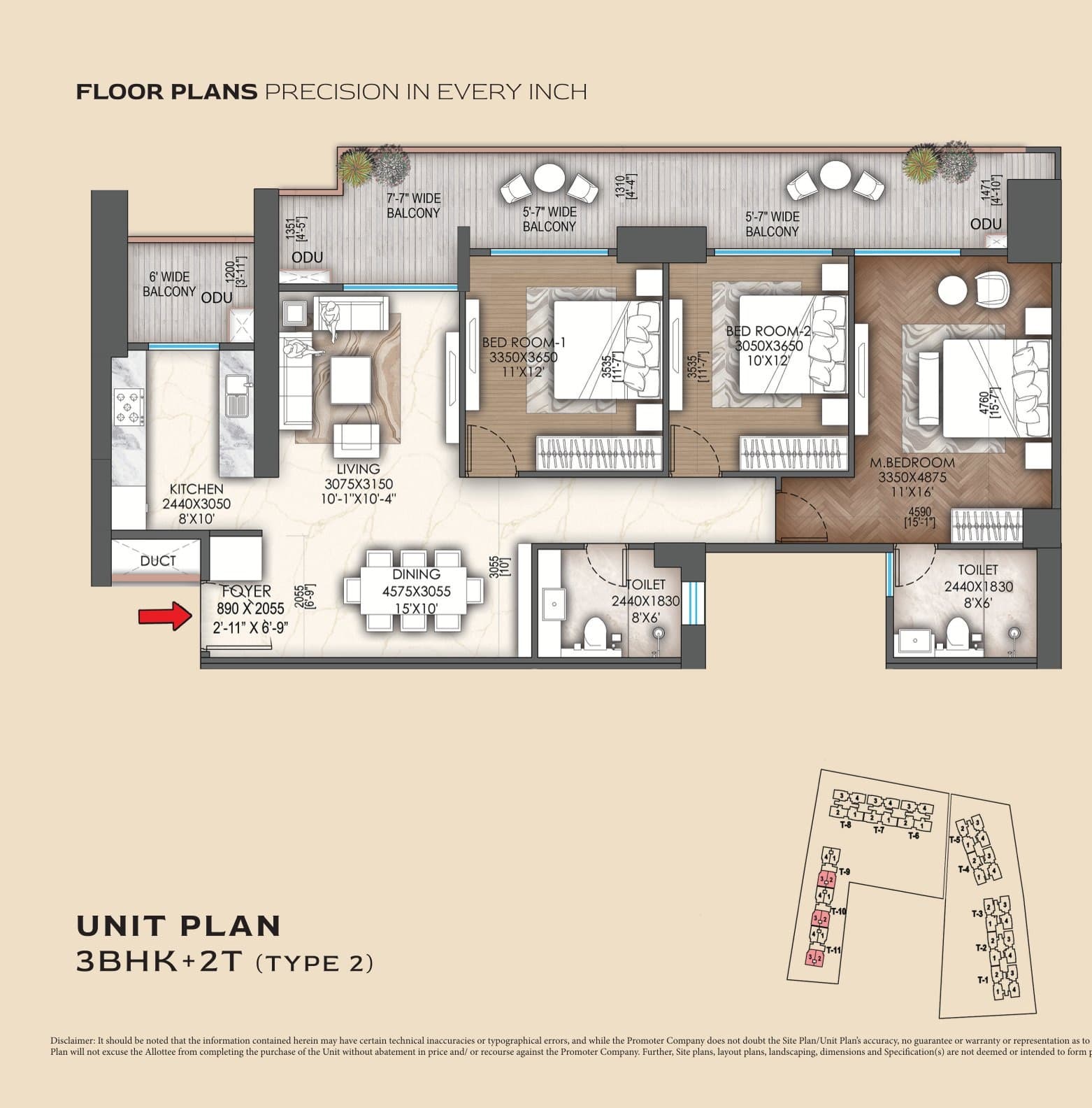 3 BHK floor plan variation 2