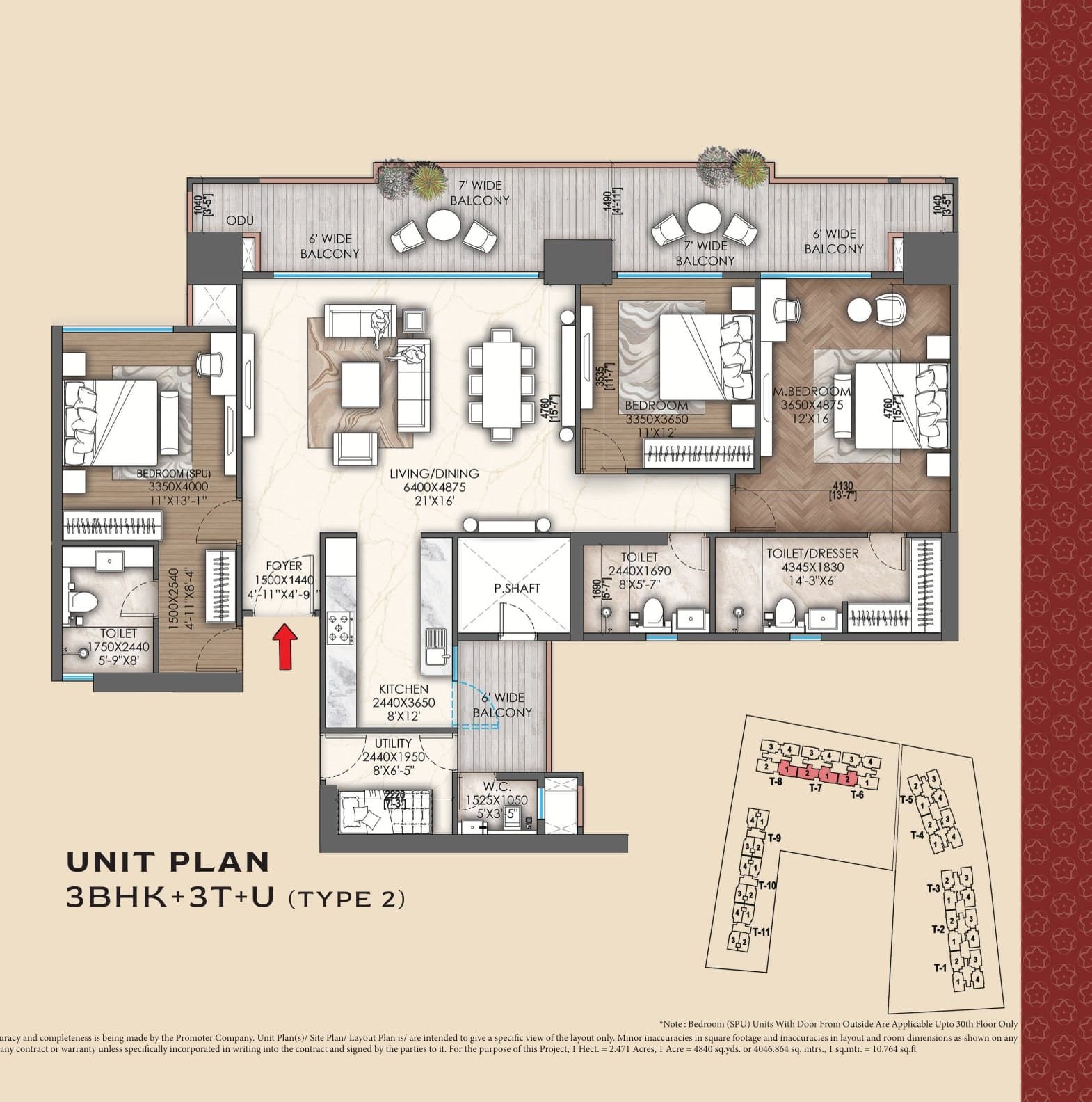 3 BHK floor plan variation 5