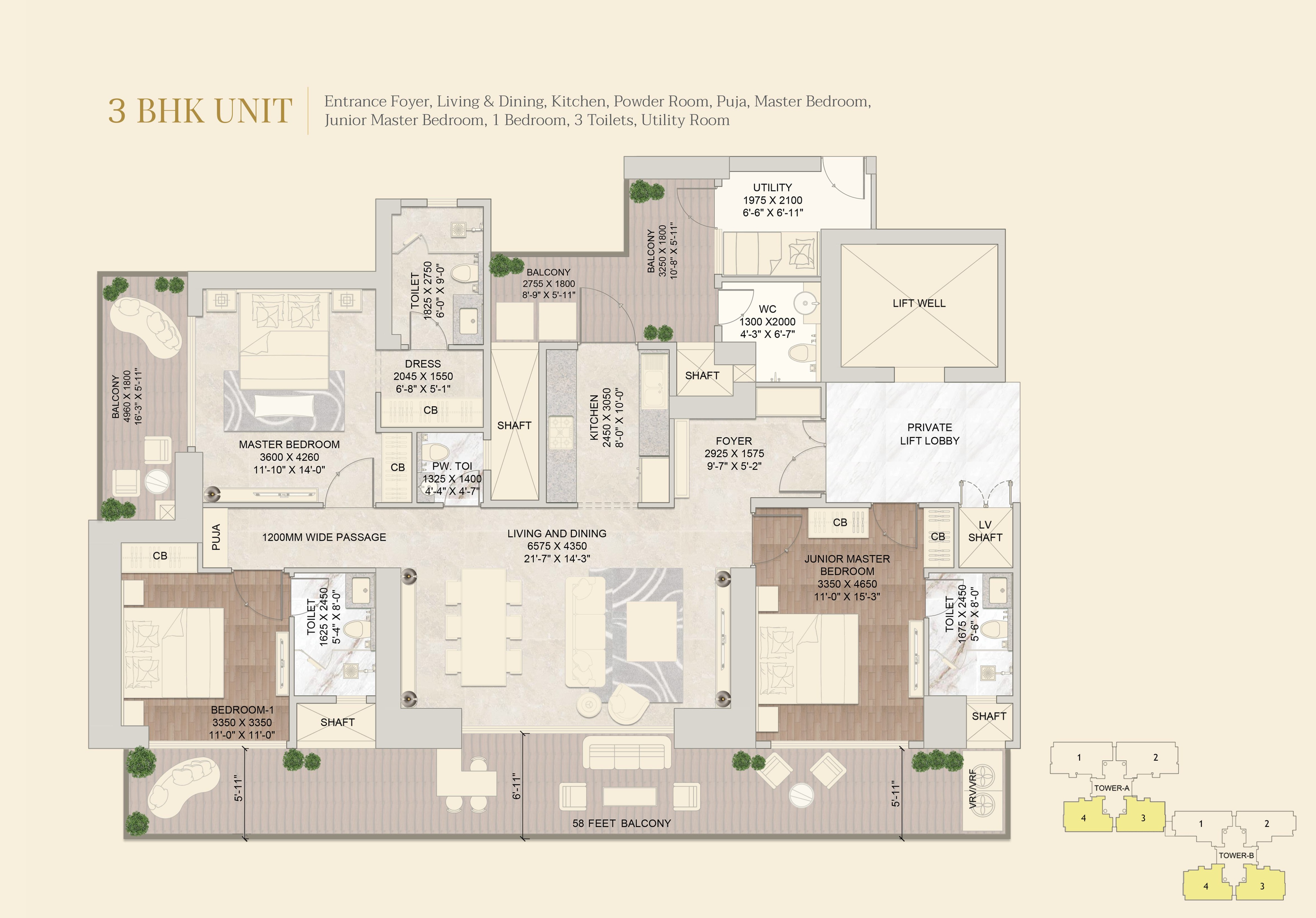 3 BHK floor plan variation 1