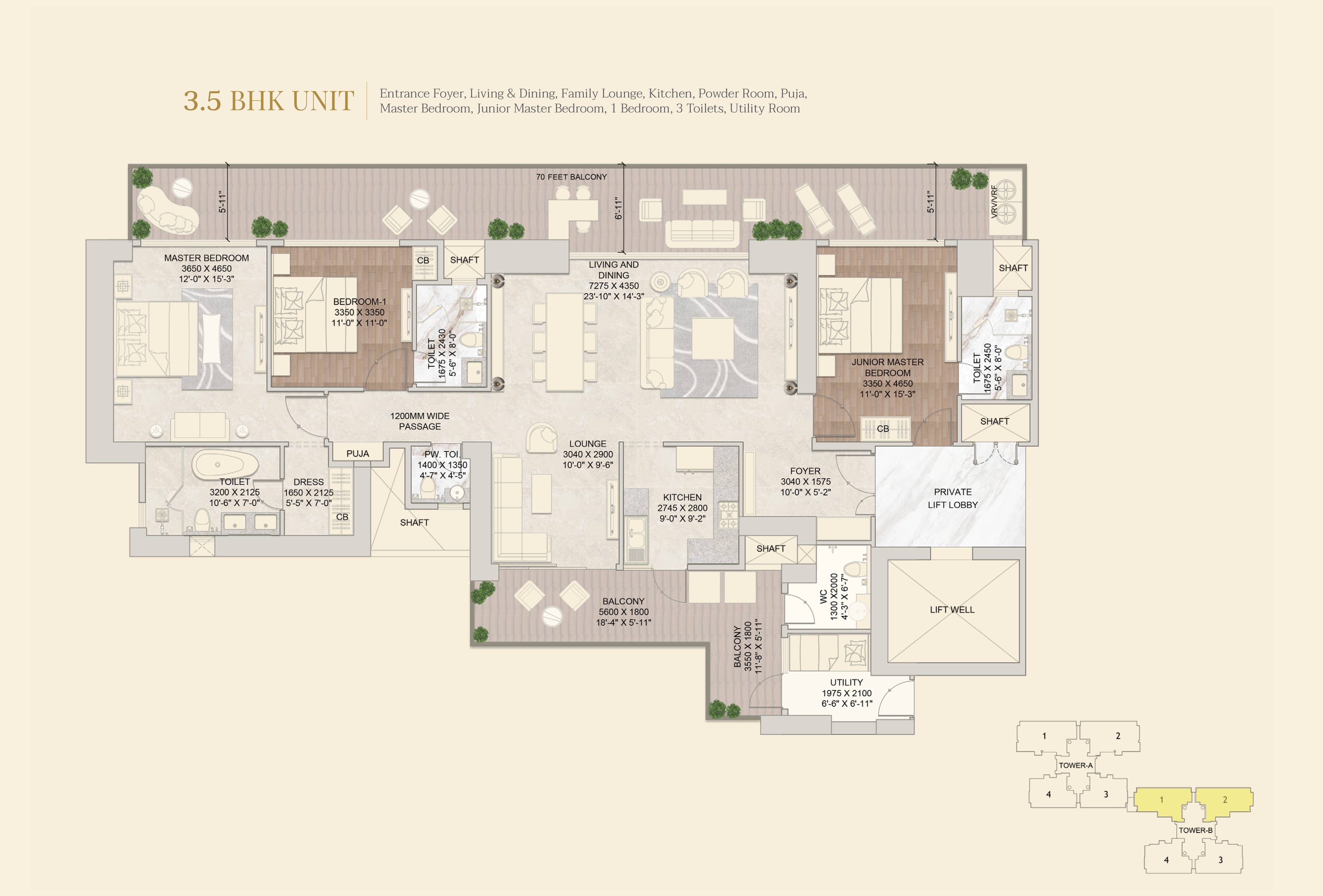 3 BHK floor plan variation 2