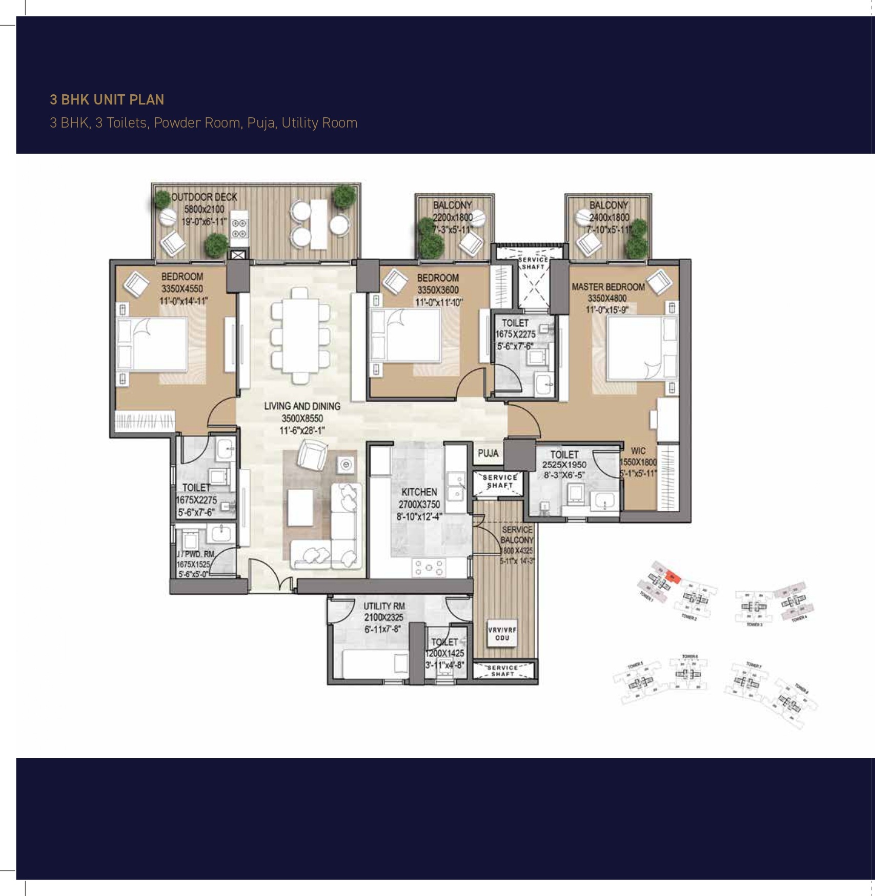 3 BHK floor plan variation 1