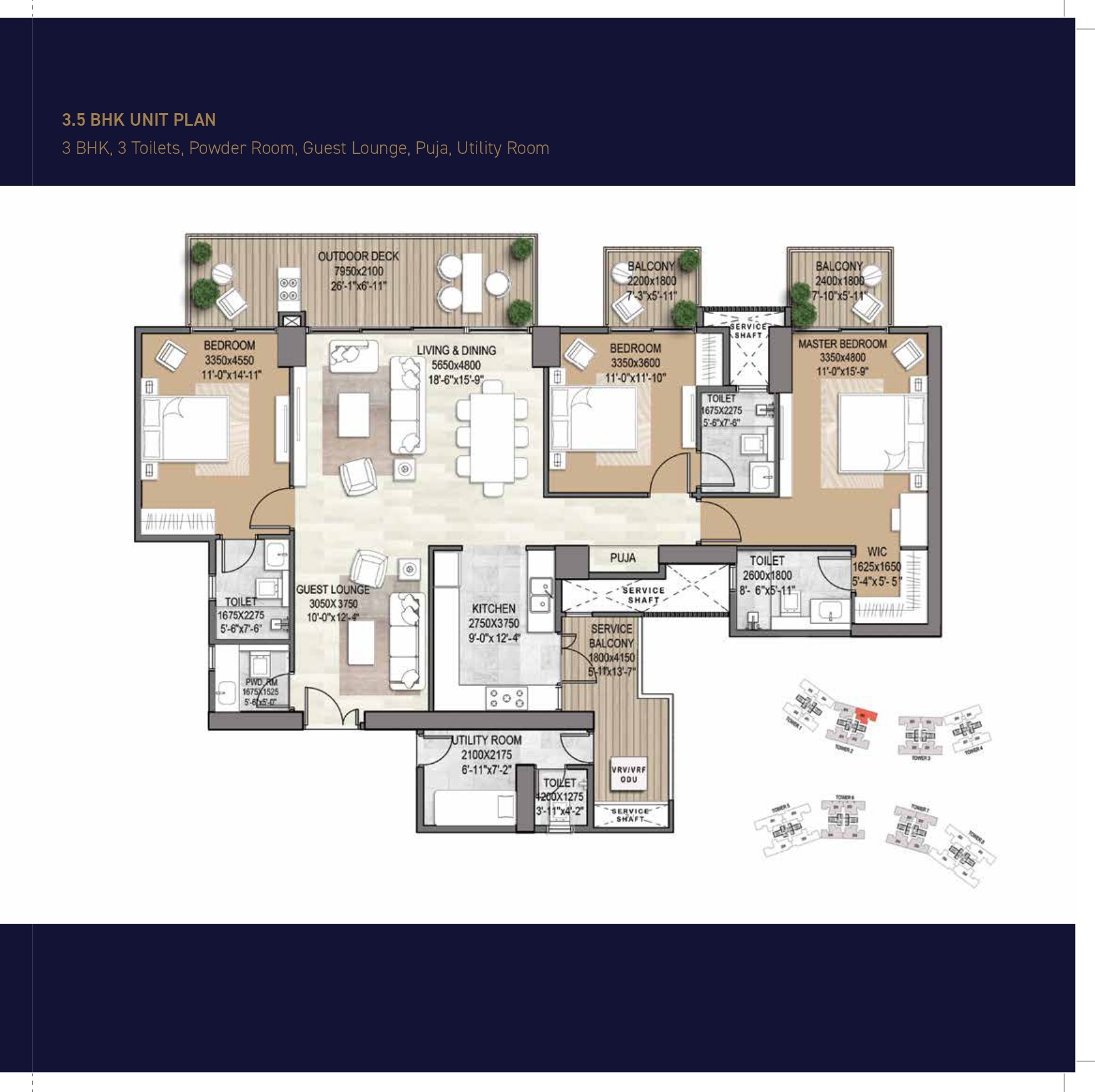 3 BHK floor plan variation 2