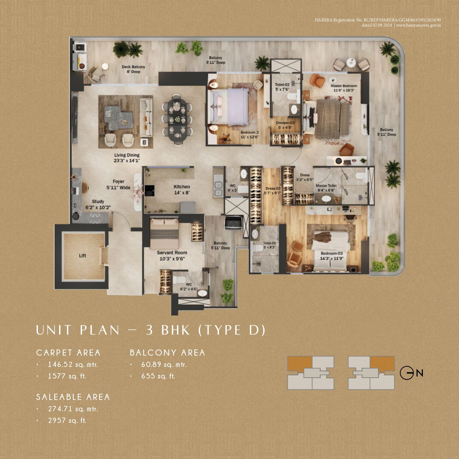 3 BHK floor plan variation 3
