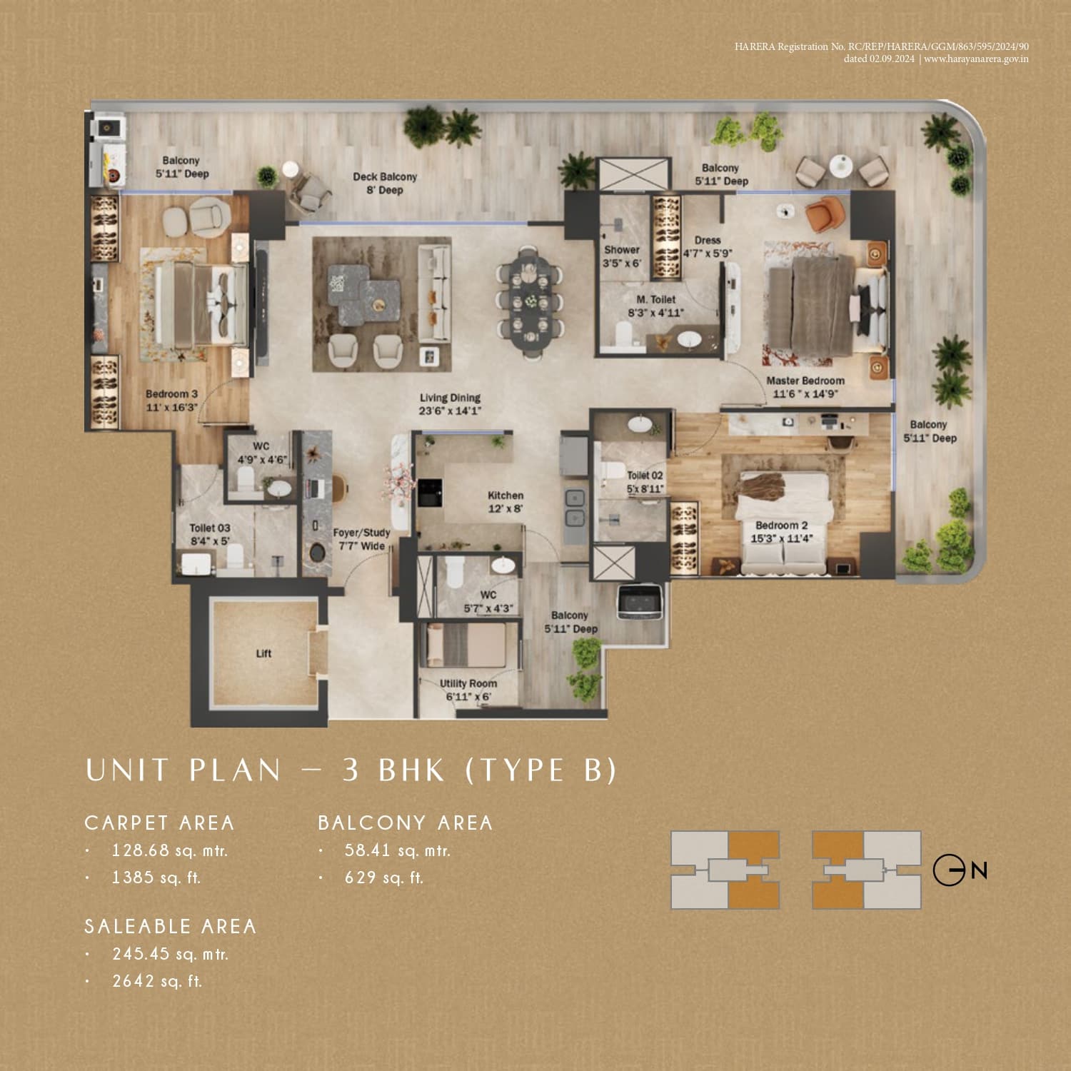 3 BHK floor plan variation 1