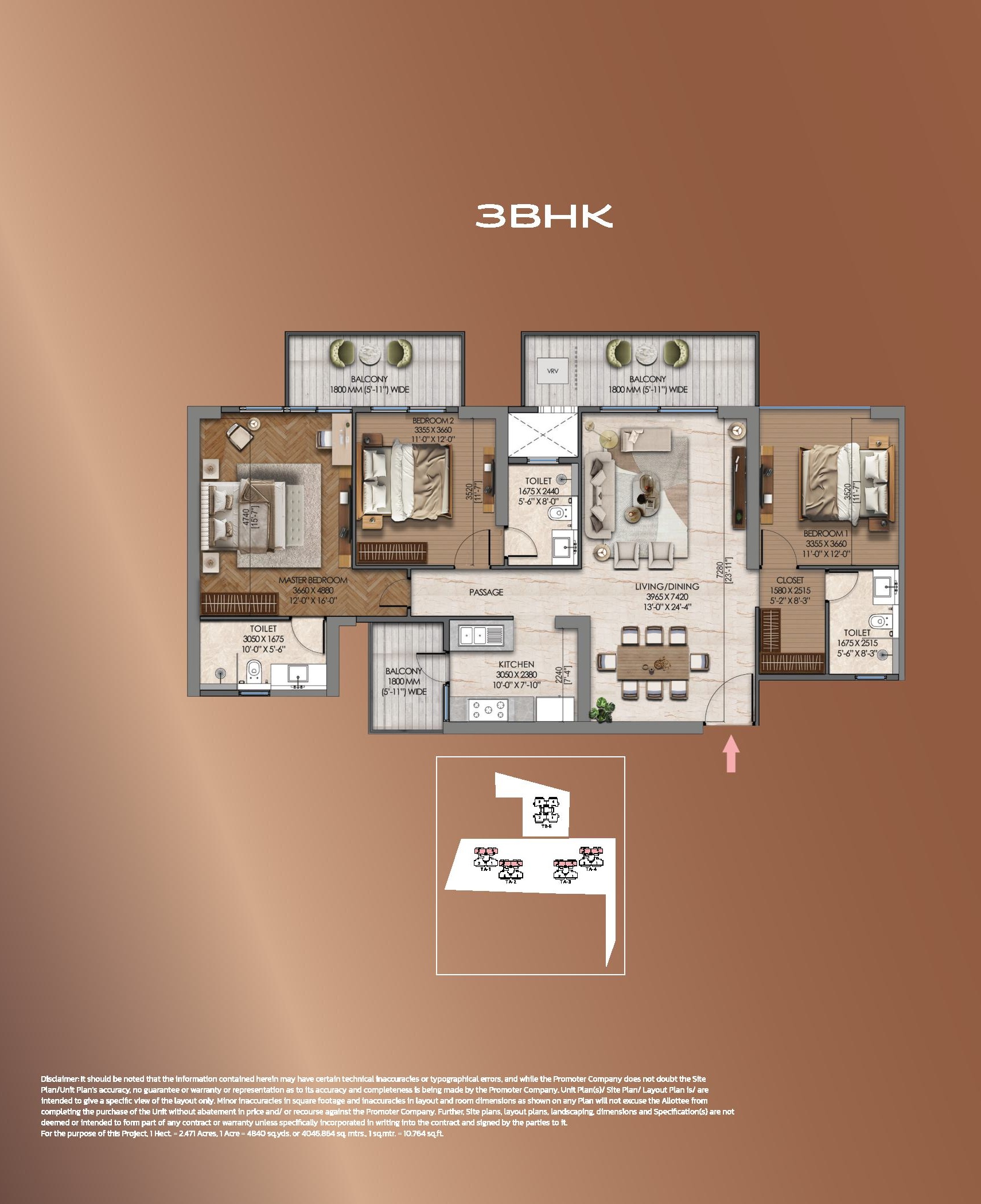 3 BHK floor plan variation 1