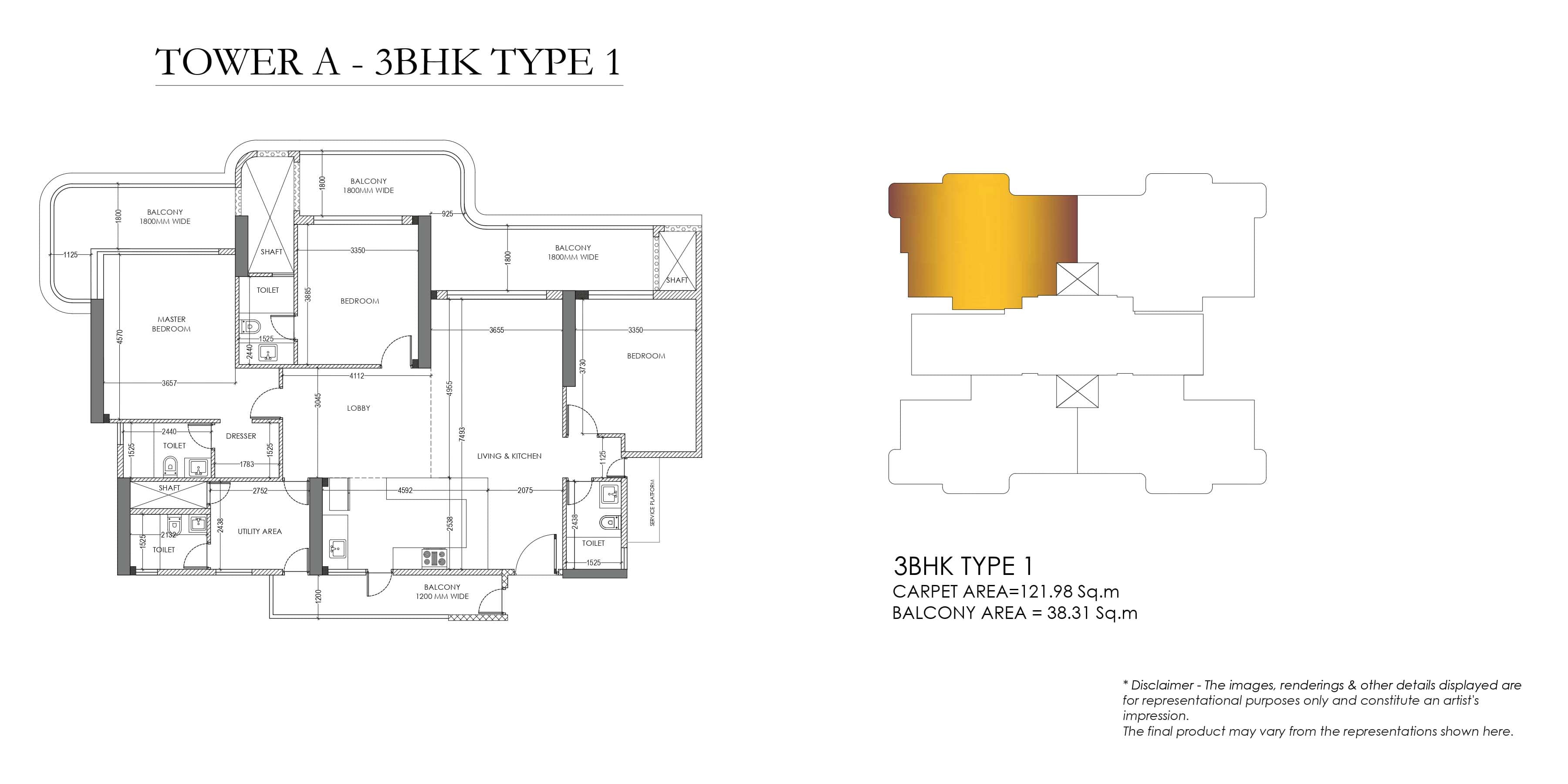 3 BHK floor plan variation 1