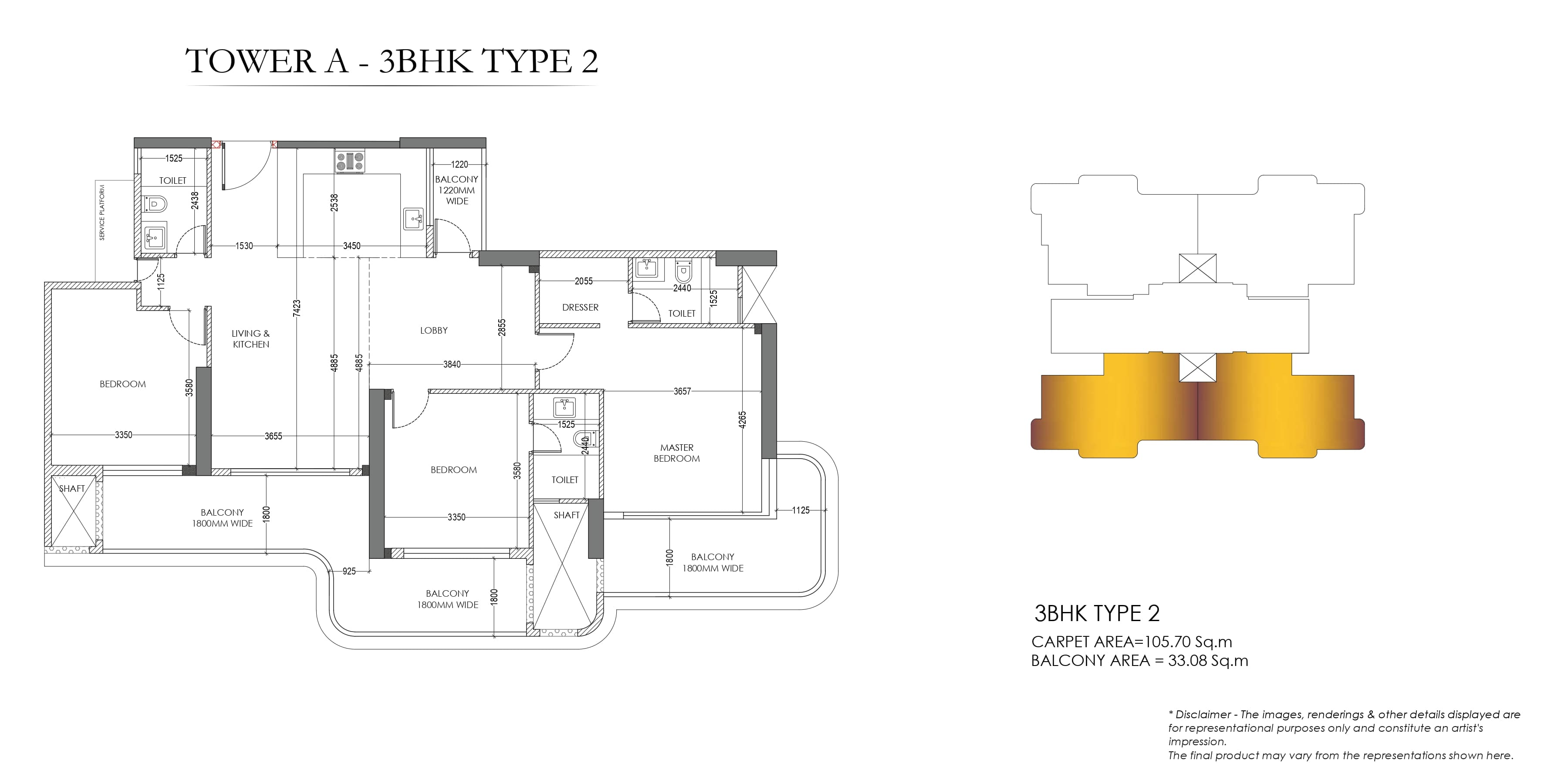 3 BHK floor plan variation 2