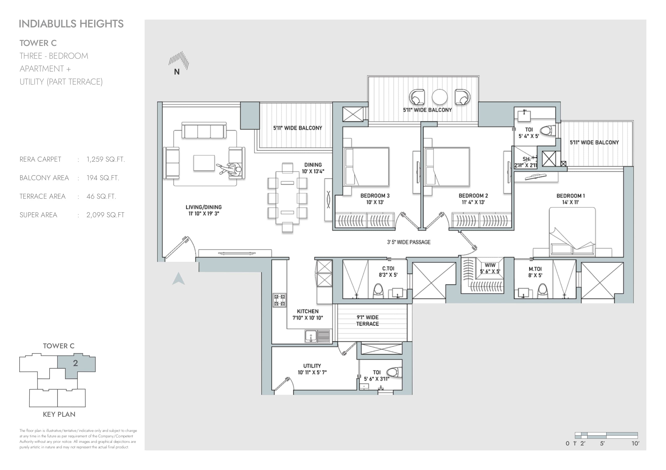 3 BHK floor plan variation 3