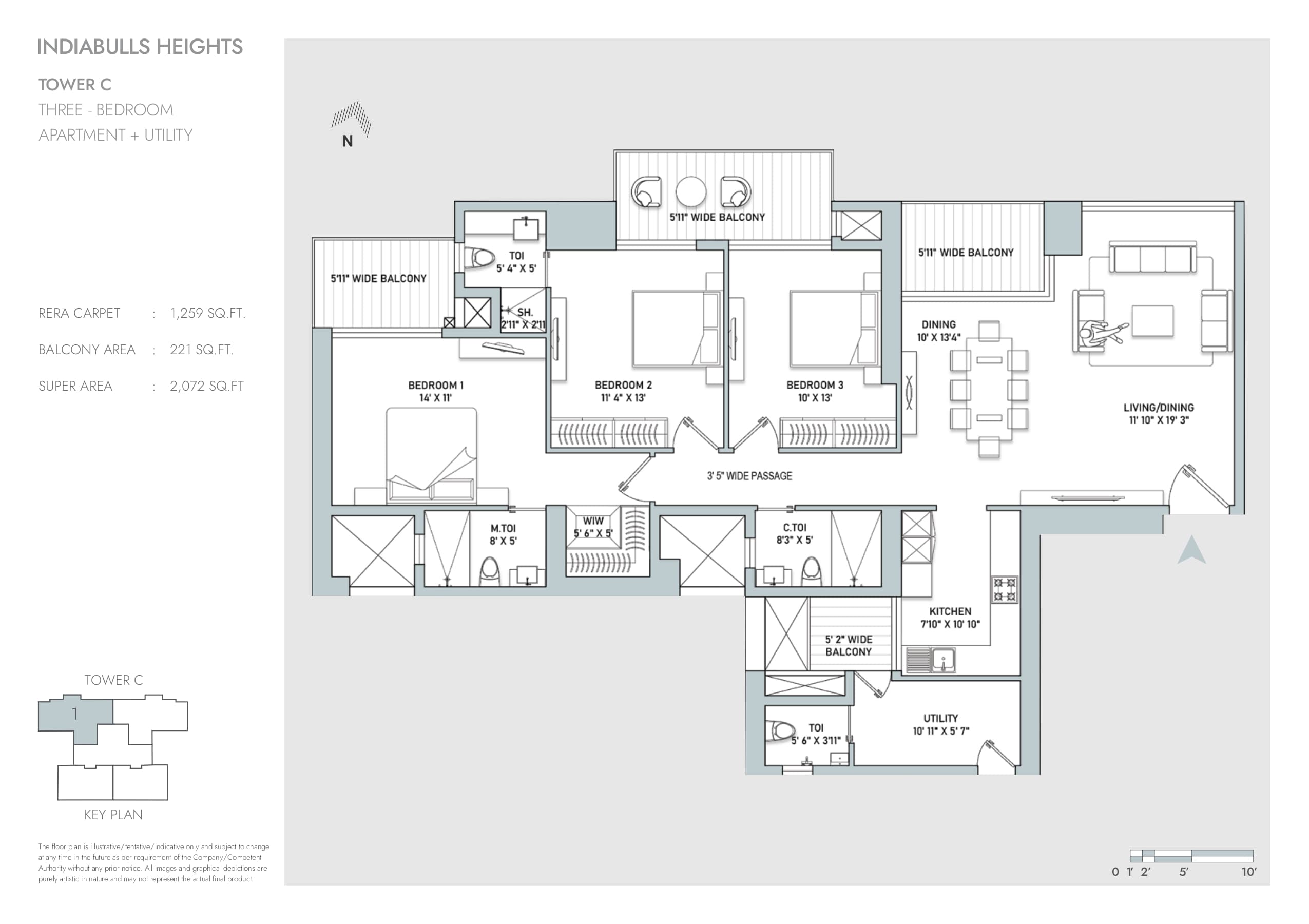 3 BHK floor plan variation 1