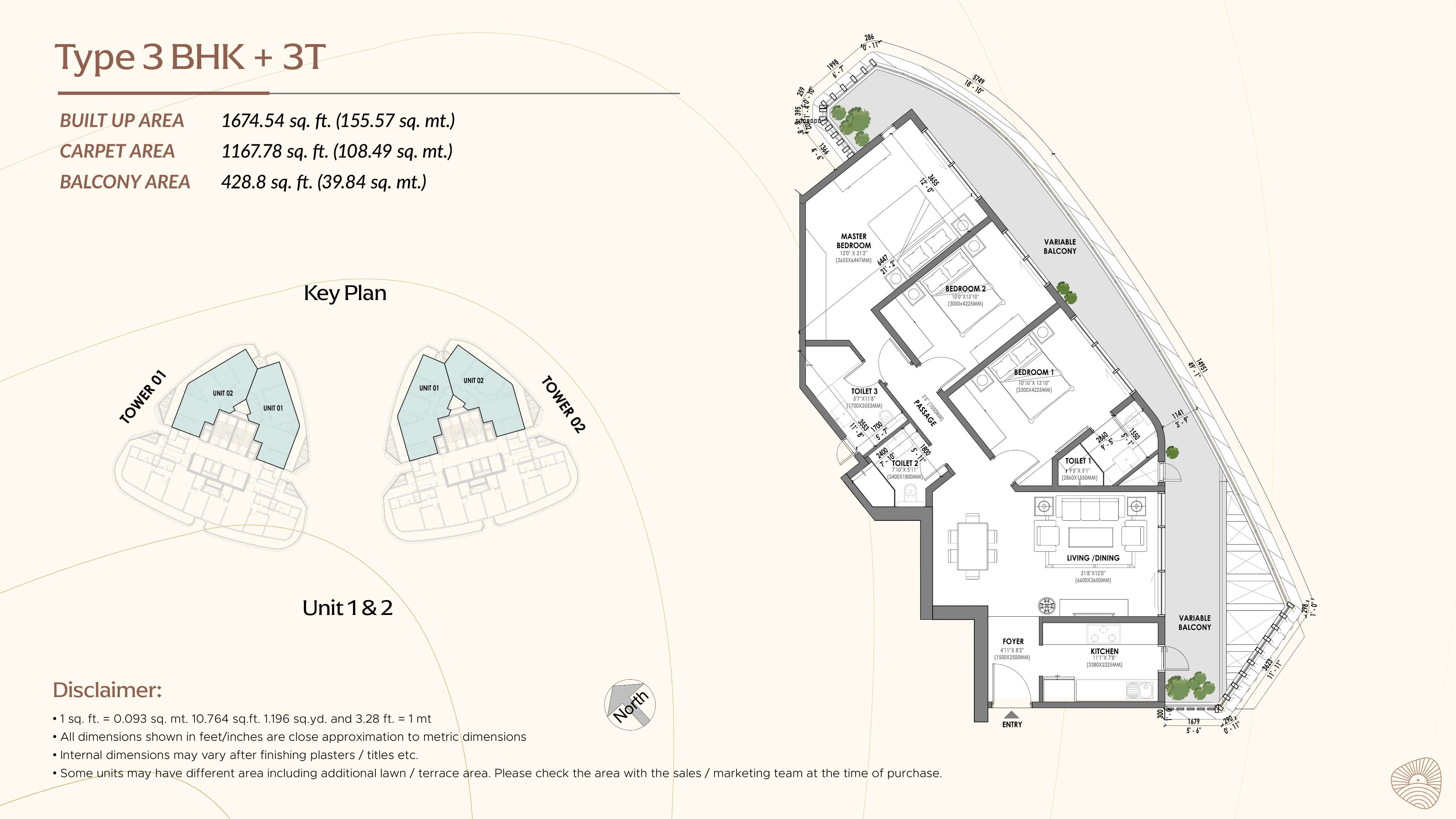 3 BHK floor plan variation 1