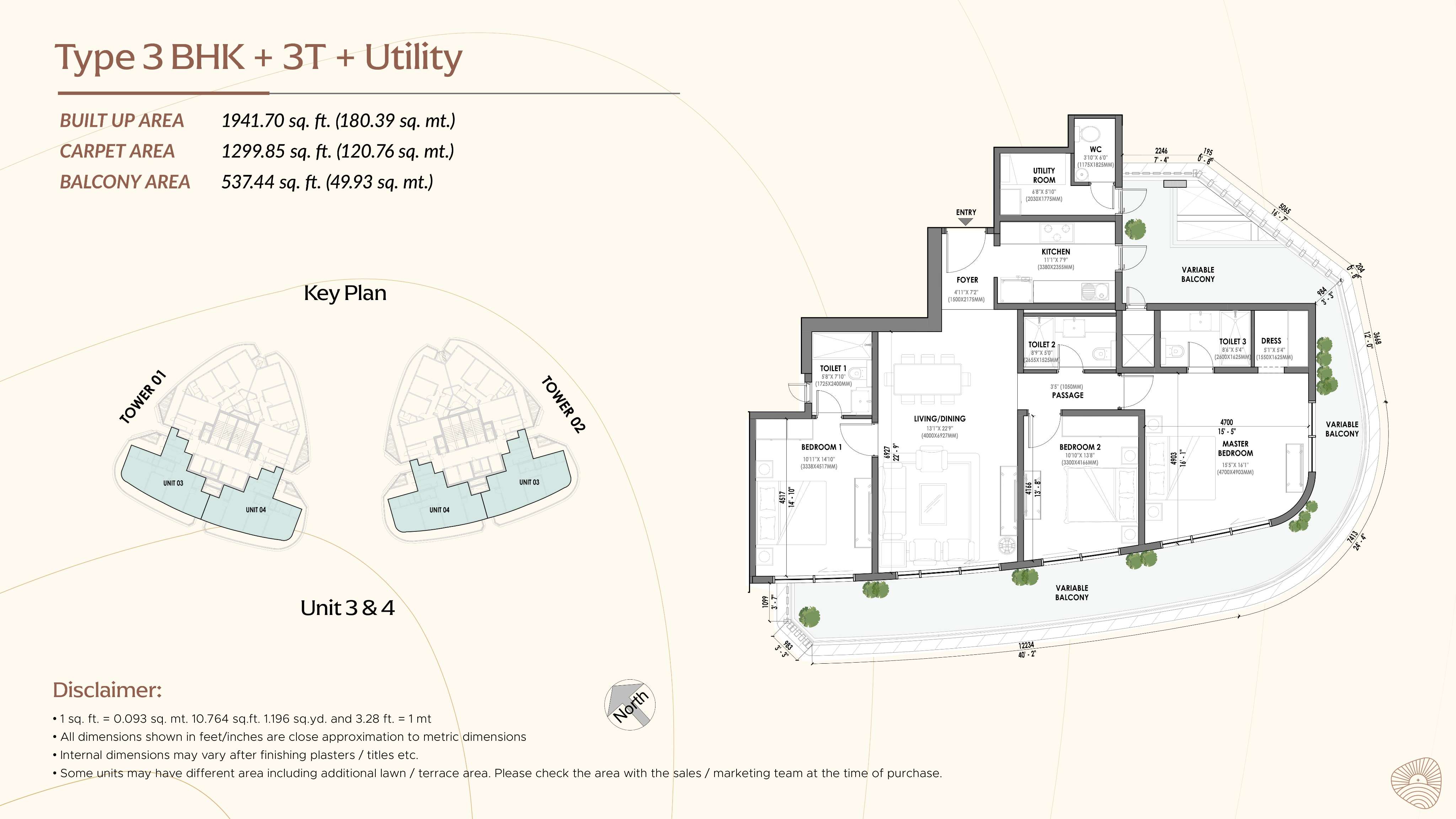 3 BHK floor plan variation 2