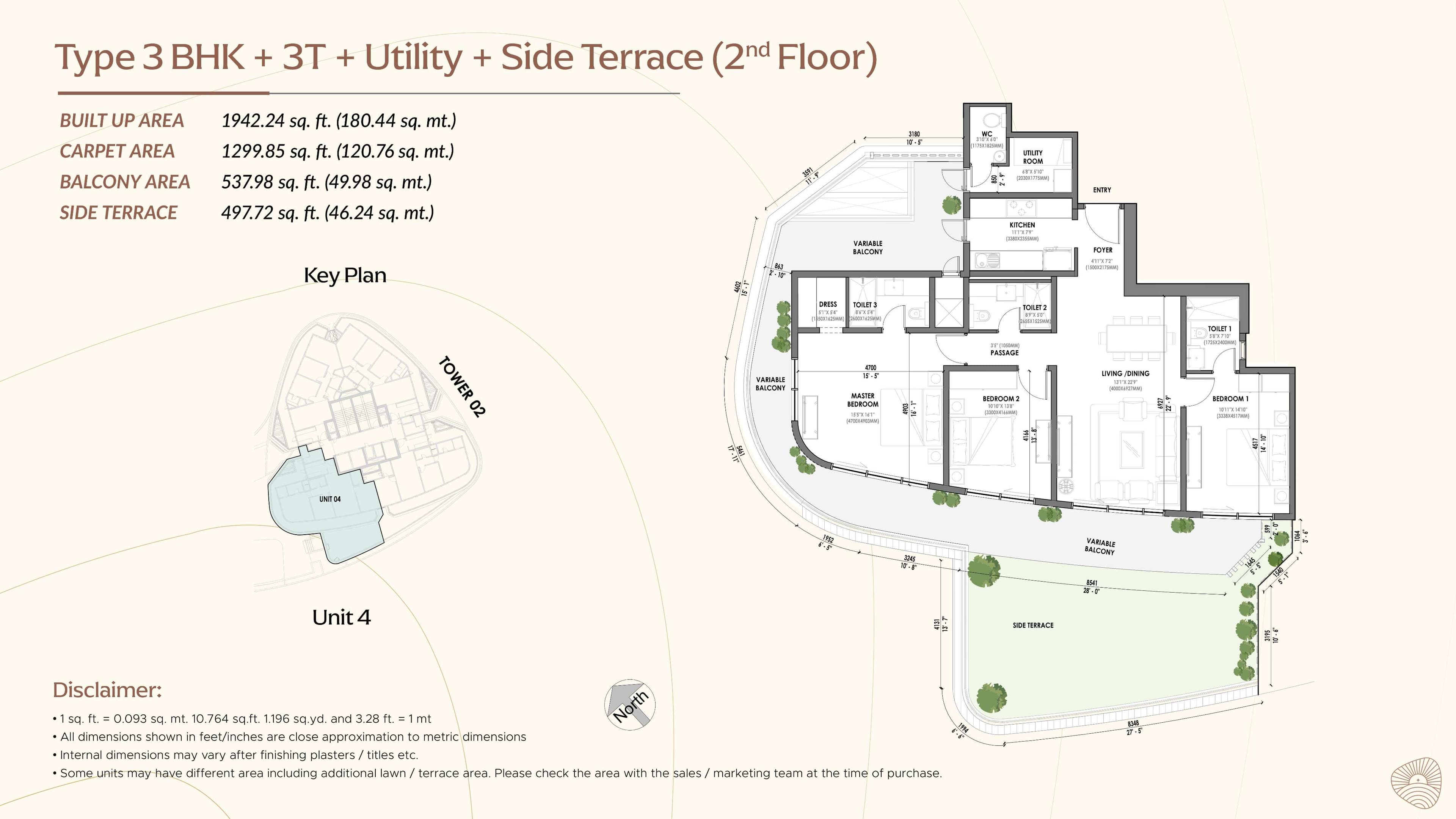 3 BHK floor plan variation 5