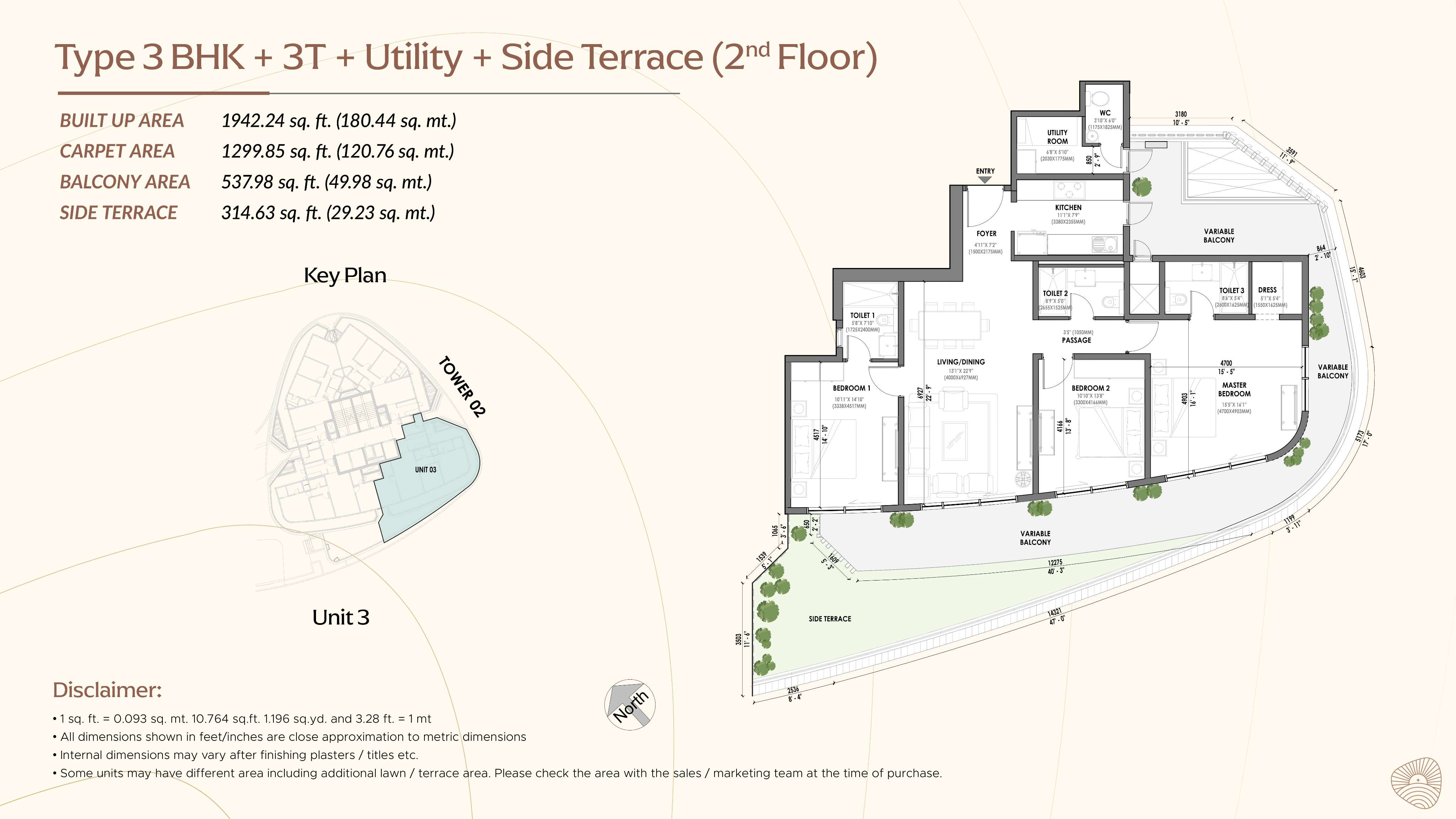 3 BHK floor plan variation 4